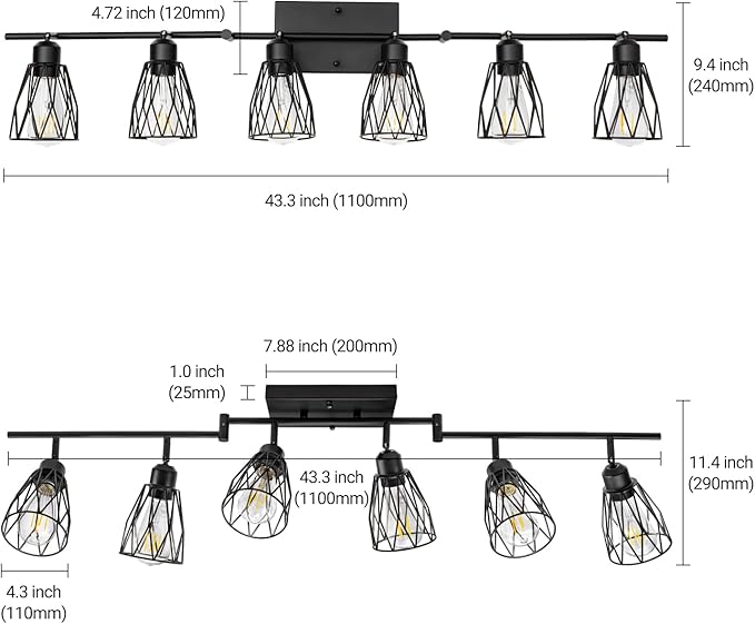 6-Light Plug in Track Lighting with Power Cord, Black (No Bulbs) | Plug in Ceiling Light Flush Mount, LED Track Lighting Fixtures for Kitchen Farmhouse, E26 Track Light Kit with Metal Cage