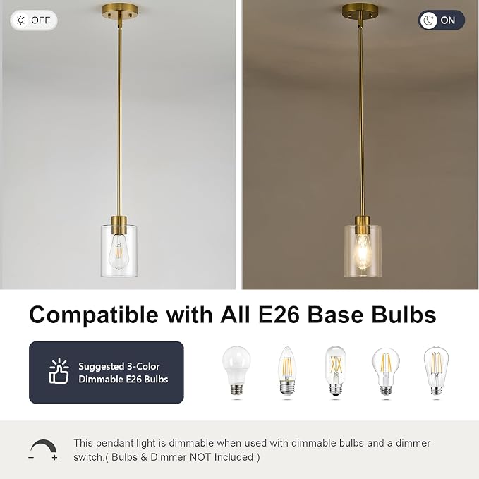Modern Farmhouse Brass Gold Pendant Lights, Mini Hanging Light Fixture with Clear Glass Shade, Adjustable Rods for Kitchen Island, Sink, Bar (1 Pack)