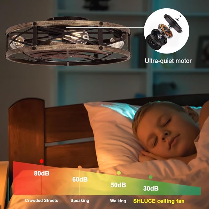 SHLUCE 22" Farmhouse Ceiling Fan with Light, Rustic Caged Bladeless Low Profile Ceiling Fans with Lights and Remote, Modern Flush Mount Ceiling Fans with Lights for Bedroom, Living Room - ETL