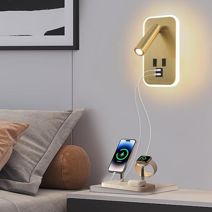 Wall Sconce Plug in with Wall Mounted Reading Lights,Modern Wall Lamp for Bedroom with Charging Station USB C+A Ports,Headboard Bedside Lamps with 3W+9W Night Light,3 Color Temperature