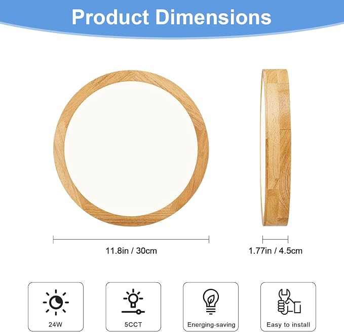 Pevfah Modern Dimmable 11.81in Wood Flush Mount Ceiling Light, 5CCT LED Round Close to Ceiling Lighting Fixtures, Minimalist Ceiling Lamp for Bedroom, Kitchen, Hallway, Laundry Room
