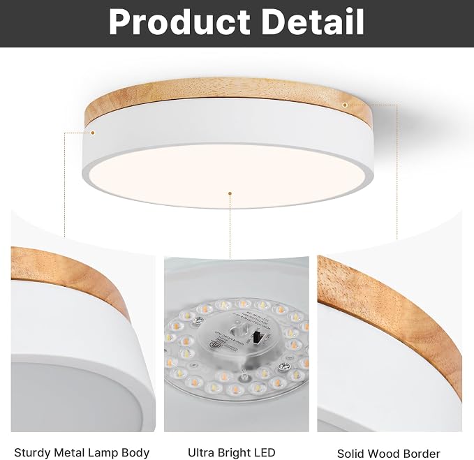 12" Minimalist White and Wood LED Flush Mount Ceiling Light Fixture | Natural Wood Accent, Integrated LED, 5CCT Before Installation, Slim Low-Profile Design, Minimalist Modern Style, Compact Size