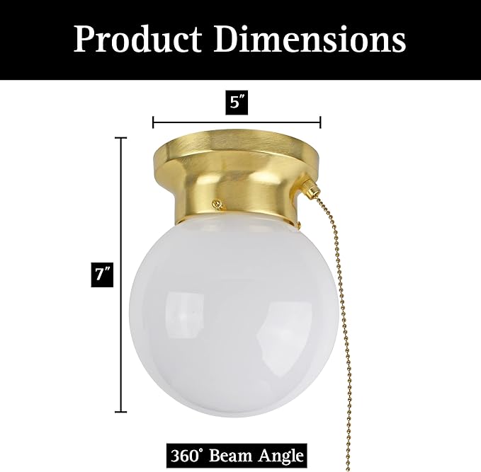 Ultralux 6" Utility LED Glass Flush Mount with Pull Chain - Globe Light Fixture - 500 Lumens 3000K Light Fixture for Closet, Pantry, Shed, Laundry Room - ETL-Certified (Brushed Gold, 1-Pack)