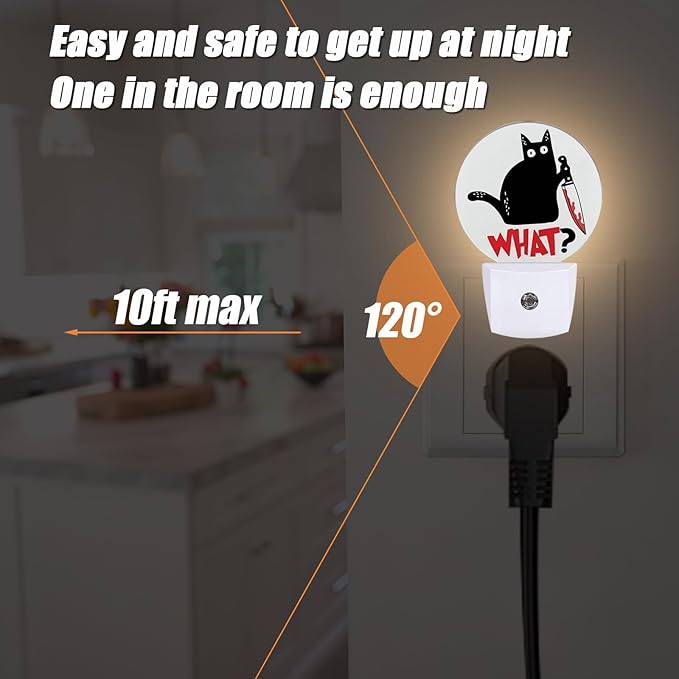 Funny Black Cat and Knife What Night Light,Nightlight Plug into Wall LED Lamp Auto Sensor Dusk to Dawn for Bedrooms/Kitchens/Toilets/Corridors,Energy-Saving