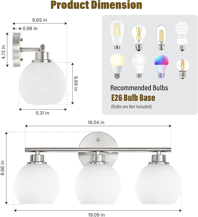 Brushed Nickel Bathroom Light Fixtures, 3-Light Vanity Light Over Mirror | Modern Bathroom Lighting Over Mirror, Wall Sconces, Milky White Globe Glass Shades, E26 Socket,ETL Listed