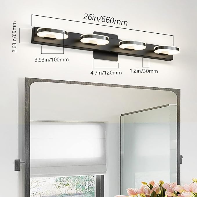 Modern LED 4 Lights Vanity Light for Bathroom Modern Vanity Light Fixture Wall Sconce 26 Inch Natural White Light (Black)