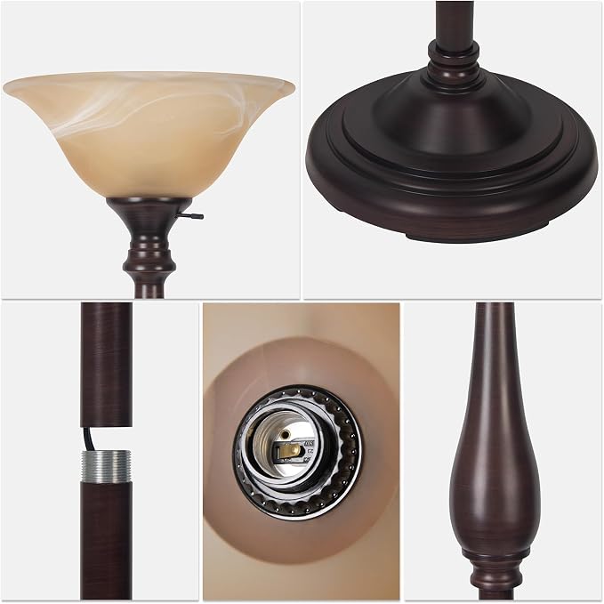 Floor Lamp with Alabaster Glass Bowl Shade, 72 Inch Tall Torchiere, Dark Brown, Brushed Nickel