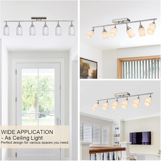 6-Lights Track Lighting Ceiling, Ceiling Spotlight Fixtures Brushed Nickel Bathroom Vanity Lighting with Opal White Glass, E26 Bulb Base