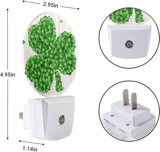 EKOBLA Green Shamrock Clover Leaf Night Lights Plug into Wall Irish St Patrick's Day Night Light Auto LED Lamp Energy Saving Round Nightlight for Boys Girls Men Women