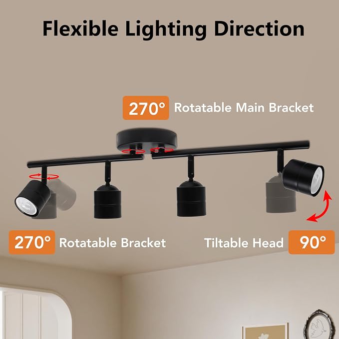 23.62 Inch 4-Light Matte Black Track Lighting Fixture, Rotatable Adjustable GU10 LED Ceiling Spotlight, Dimmable Warm White Indoor Light for Gallery Kitchen Bedroom Retail Store
