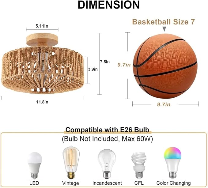 Boho Rattan Ceiling Light - Flush Mount Mini Chandelier Woven Light Fixture for Bedroom, Hallway, Entryway, Bathroom, Nursery