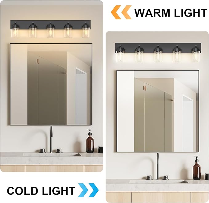 IZORRO Bathroom Vanity Light Fixture, 5-Light 36 Inch Matte Black Bathroom Light Fixtures Over Mirror, with Clear Glass Shade, Modern Farmhouse Vanity Lights, Rustic Restroom Lighting Fixtures