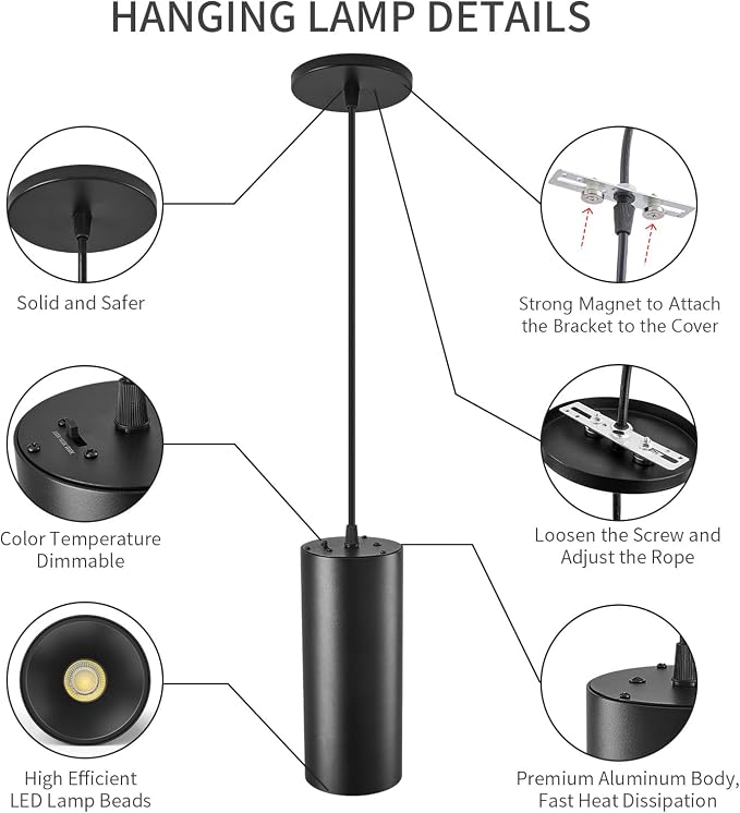 3.43" Pendant Lights Kitchen Island, 25W Cylinder Hanging Lights with Dipswitch, Modern Eye Care Led Pendant Lamp fixtures for Bedroom, Living Room, Office (Black, 3.43 Inch 1 Pcs)