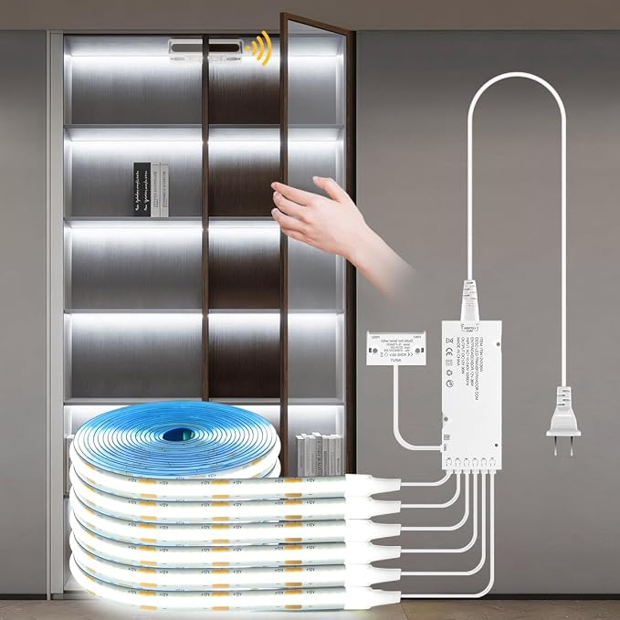 AIMENGTE 12V COB LED Cabinet Lights Strip with Dual-Door Sensor, 6 x 3.3ft Cuttable Under Cabinets Lighting for in-Cabinet, Locker, Closet, Showcase, Gun Safe (Cool White)