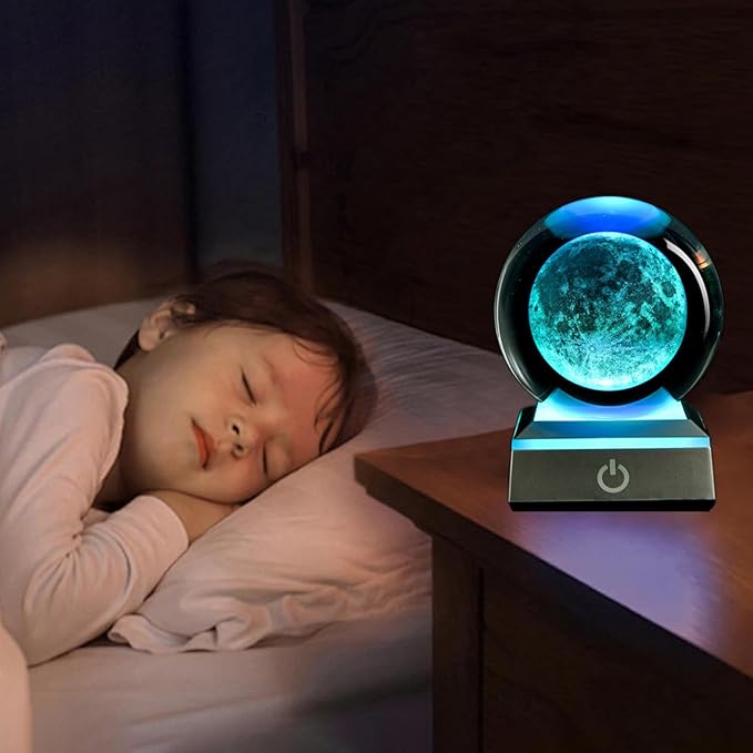 3D Moon Crystal Ball with LED Stand, Moon Figurine Decor Glass Sphere Lamp Night Light Gifts for Women Men Mom Kids