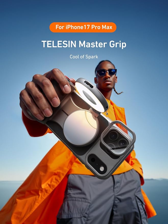 【for iPhone 17 Pro Max Only】 TELESIN Master Grip Kit, Magnetic Phone Camera Grip with C03 Selfie Light+ UV Filters, Creator Kit Built 3200mAh Battery Wireless Charging - Cooling Graphene Case