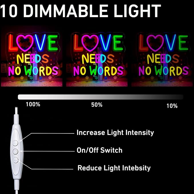 Autism Neon Sign Love Needs No Words Neon Sign for Wall Decor, Dimmable Autism Awareness LED Light Sign for Bedroom Office Classroom, Ideal Gifts for Autistic Children