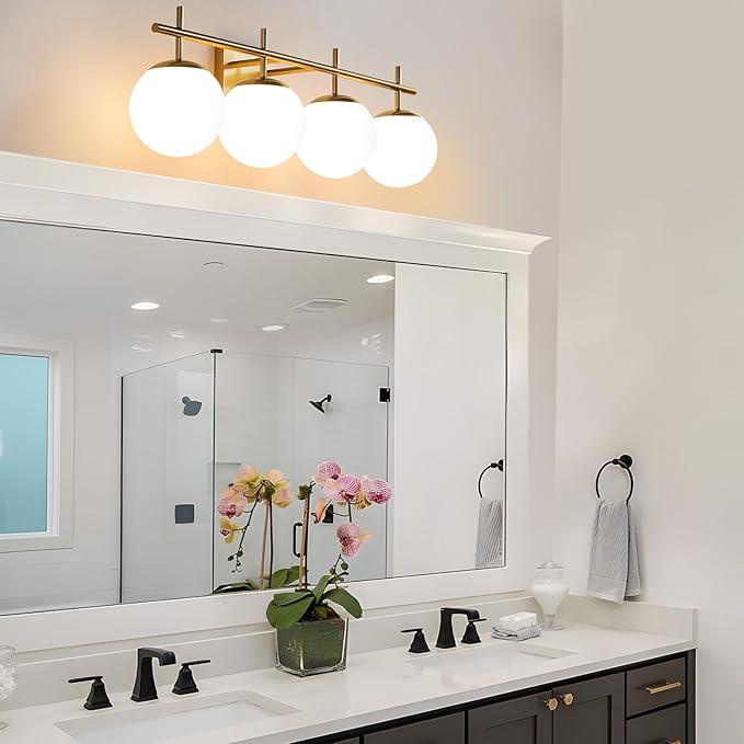Bathroom Light Fixtures, 4-Light Brushed Gold Bathroom Vanity Lights Over Mirror, 30.7 Inch Modern Vanity Lighting with Milky White Glass Globe Shade Wall Sconce Lighting Bath