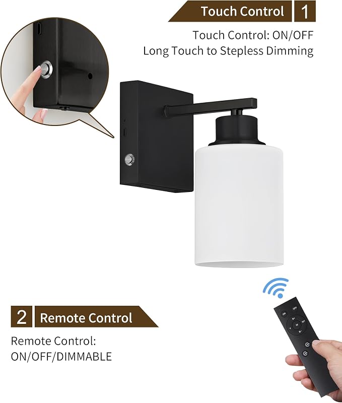Wall Sconces Battery Operated Set of Two, Modern, White Glass, Black | Dimmable, Easy Install Rechargeable Wall Lights with Timer Remote for Living Room Bedroom, Emergency 3000K
