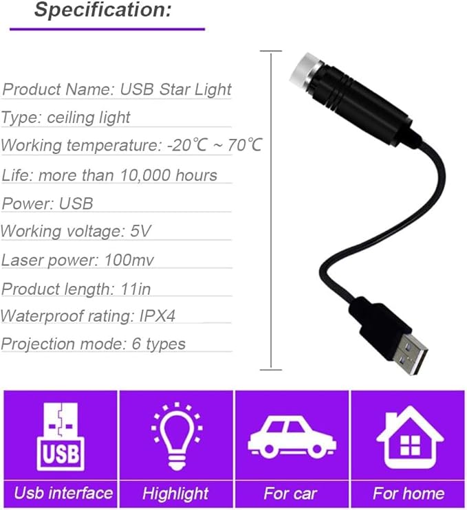 USB Star Projector Night Light, Adjustable Romantic Blue Interior Car Lights, Bending Freely Portable Auto Roof Lights Decoration for Ceiling, Bedroom, Party