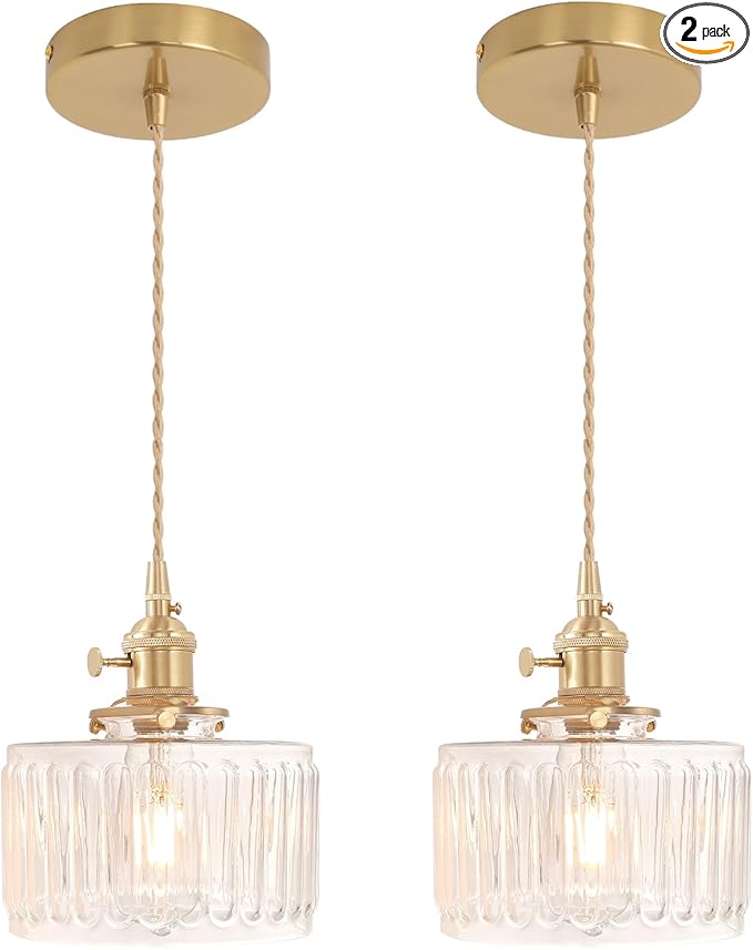 Pendant Light 2 Pack with Clear Striped Glass Lmapshade, Brass Vintage Pendant Light Adjustable Hanging Light for Kitchen Island Dining Room Hallway