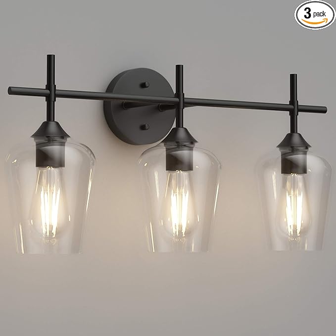 Ralbay Industrial Bathroom Vanity Light Fixtures 3-Lights Matte Black with Clear Glass Vintage Edison Wall Lamp Light Fixture for Bathroom