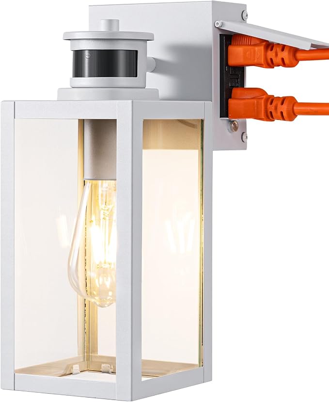 EDISHIEN Motion Sensor Outdoor Wall Lights, 2 GFCI Outlets & 3 Modes, 12" H Waterproof Modern Porch Light, Dusk to Dawn Exterior Wall Lantern for House, Garage, Front Door, White