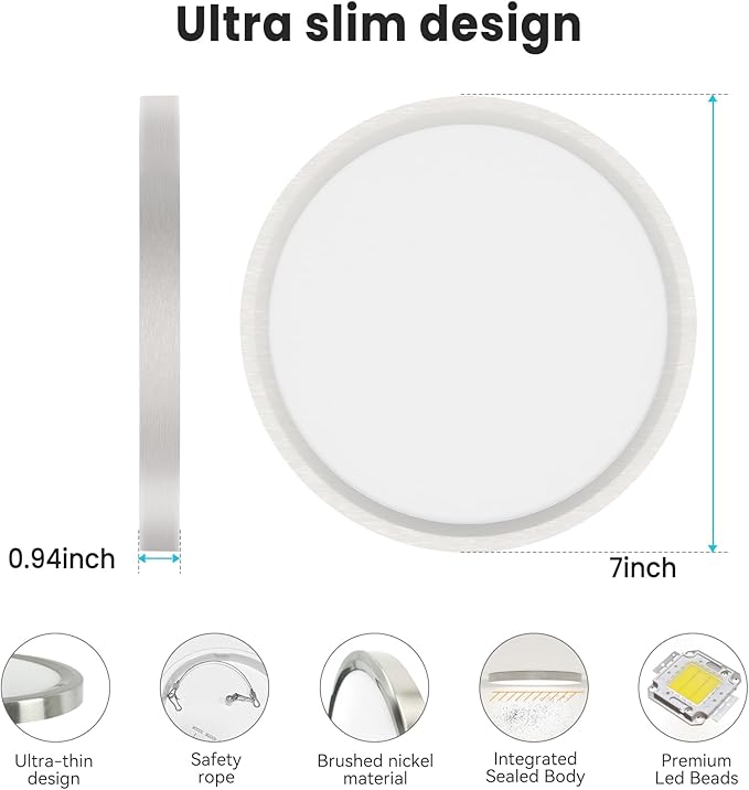 libtit 7 Inch Nickel Brushed Flush Mount Ceiling Light, 15W Ceiling Light Fixture,3000K/4000K/6500K Color Selectable,Ultra-Thin Round Ceiling Lighting Fixture for Bedroom Kitchen Pantry, 12 Pack