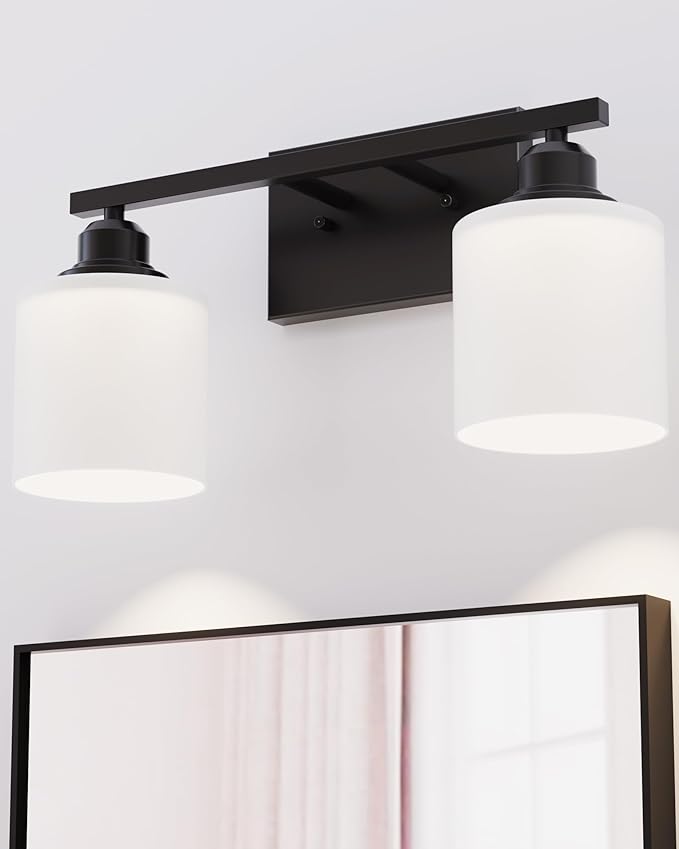 Modern Bathroom Lights - 2-Light Vanity Fixtures with Milky White Glass Shades, Anti-Rust Matte Black Finish, E26 Base