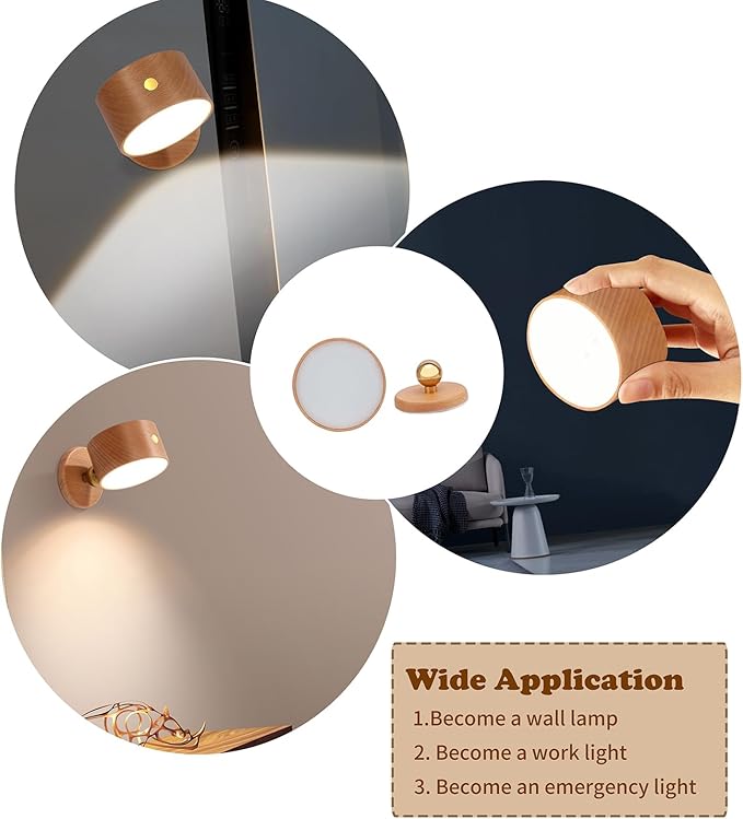 LANDGOO Magnetic Wall Sconce - Rechargeable Beech Wood Lamp, 360° Rotatable & Dimmable for Renters, Artwork & Reading (No Wiring DIY Install)