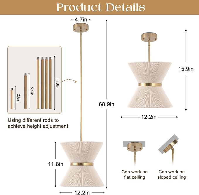 Pendant Kitchen Island Lights,12.2” Rattan Pendant Light for Dining Room | Handwoven Natural Rope Shade, Small Boho Chandelier for Kitchen Dining Room, Gold Metal Finish, Adjustable Hanging Height