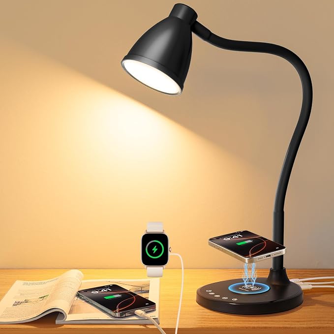 BOHON Desk Lamp for Home Office with USB C+A Charging Ports Timer Black | LED Desk Light with Wireless Charger 5 Colors Stepless Dimming Reading Light Touch Bedside Table Lamp for College Dorm Room