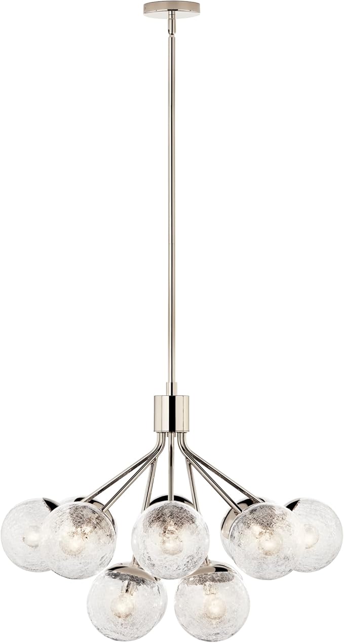 Kichler Silvarious 12-Light Convertible Chandelier, Soft Modern Light with Clear Crackled Glass in Polished Nickel, for Dining Room, Living Room, Bedroom or Foyer (22.25" x 30"), 52701PN