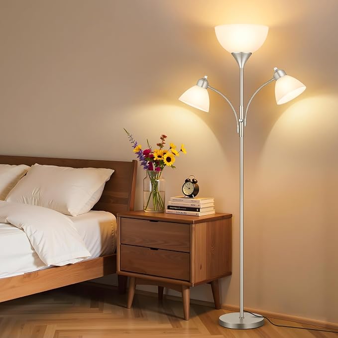 Coucrek Torchiere Floor Lamps for Living Room,72" Dimmable Lamp with 2 Adjustable Reading Lights for Bedroom, Tall Standing Room Lamp, 3 Bulbs Included