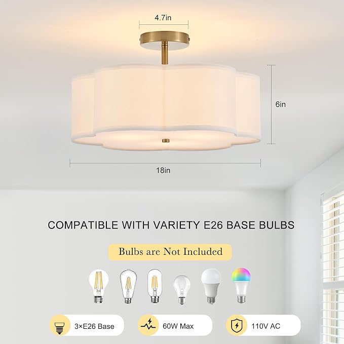 18" Modern Gold Drum Ceiling Light, 3-Light Semi-Flush Mount | Linen Drum Shade, Gold Metal Frame, Modern Style for Laundry Rooms, Kitchens, Basements, Dining Rooms, and Bedrooms, E26 Base