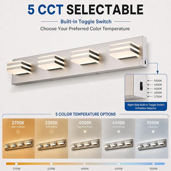 4-Light Brushed Nickel Bathroom Vanity Light, 27 Inch 32W 5CCT Dimmable LED Wall Fixture, Hardwired Over Mirror Lighting with Clear Acrylic Shade for Bathroom Remodel