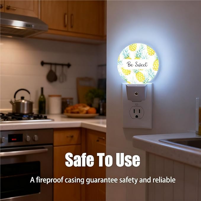 Plug-in Watercolor Pineapple Night Light Be Sweet Nightlight with Dusk to Dawn Sensor, Auto On/Off 0.5W Energy-Saving LED Lighting for Men Women Boys Girls Gift