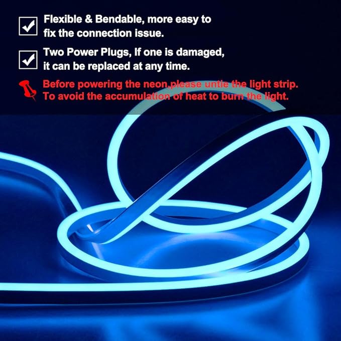 SURNIE 50ft LED Neon Rope Lights - 110V Flex Blue Neon Light Outdoor Waterproof - DIY Neon Strip Lights for Bedroom, Flexible Cuttable Connectable Indoor Outdoor, Commercial Building Use