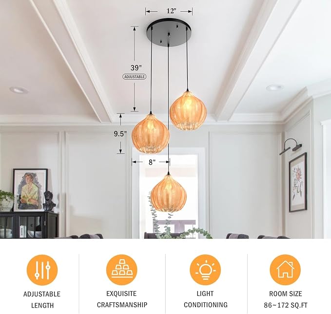 Modern 3 Lights Glass Pendant Light Amber Striped Glass Globe Cluster Chandelier Lighting Fixtures Matte Black Adjustable Kitchen Island Hanging Pendant Lighting Nordic Multi Lights Pendant Lamp