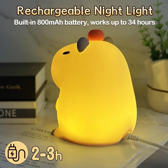 Capybara Cute Night Light for Kids, Rechargeable LED Dimmable Silicone Nightlight for Kids,Funny Light Up Capibara,Squishy Capybara Lamp Xmas Gifts