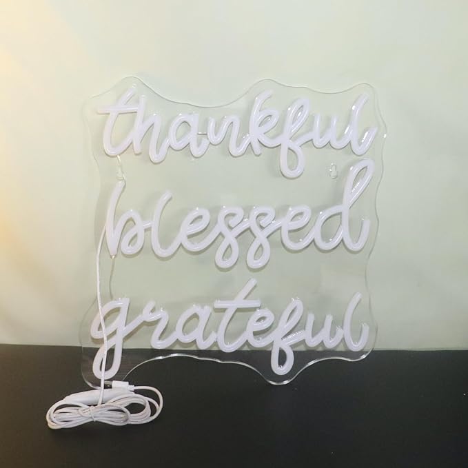 Thankful Blessed Grateful Neon Sign Led Dimmable Neon Lights for Bar Room Home Art Wall Decor Party Window Living Room Decor Christmas' Gift (Warm white)