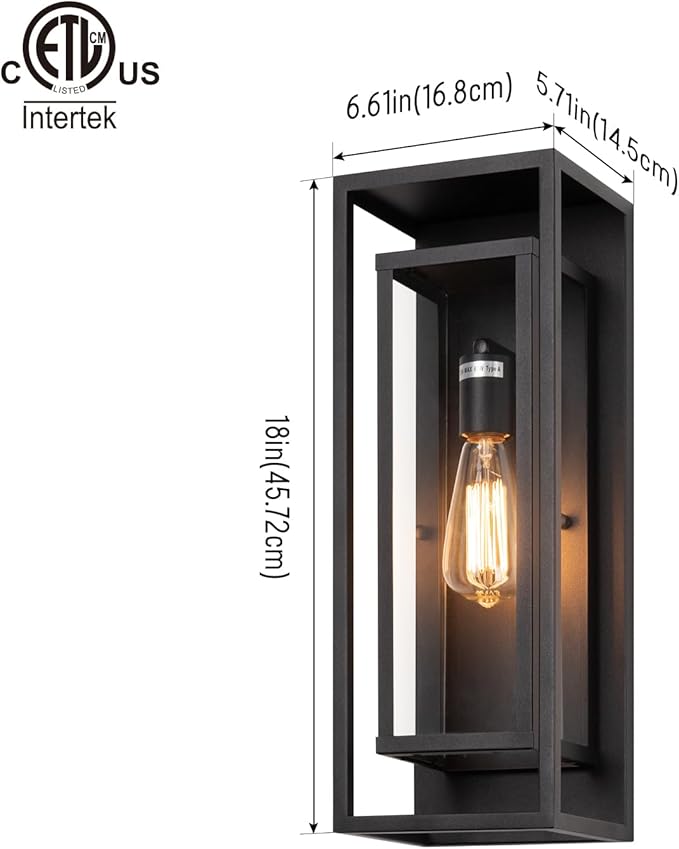 mirrea 18" Classic Outdoor Wall Sconce 1 Light in Matte Black Rectangular Metal Frame and Clear Glass Shade Waterproof Porch Light Patio Light