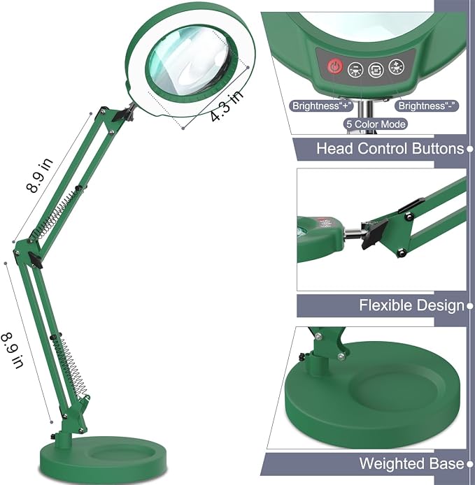 12X Magnifying Glass with Light and Stand, Upgrade Button 5 Color Modes Stepless Dimmable, 2-in-1 LED Lighted Magnifier Light, Hands Free Desk Lamp with Clamp for Craft Hobby Close Work - Green