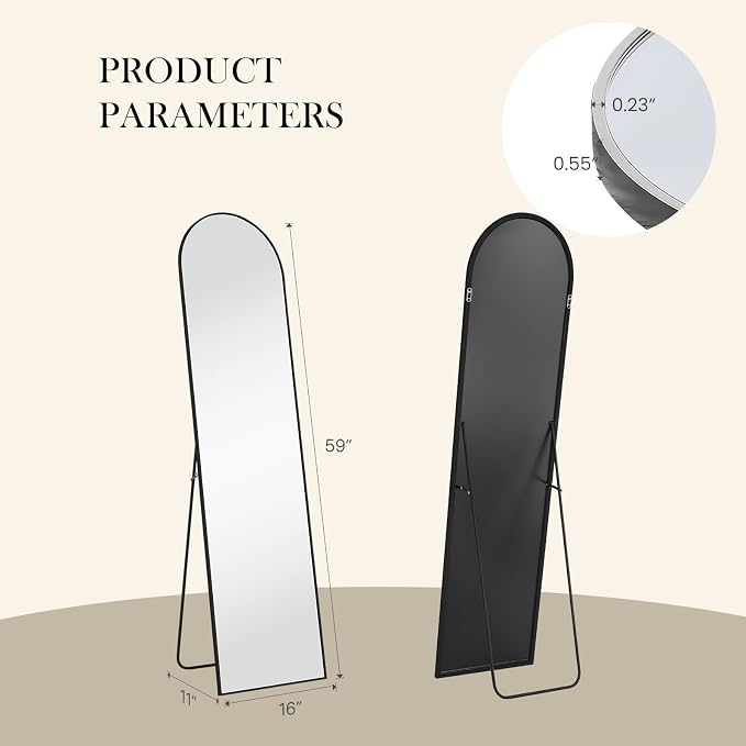 Arched Full Length Floor Mirror, 15.75"x59" Body Wall Mirror Stand | Shatter-Proof Nano Glass, Tall Standing, Hanging or Leaning, Aluminum Alloy Frame for Bedroom, Modern Home Decor, Black