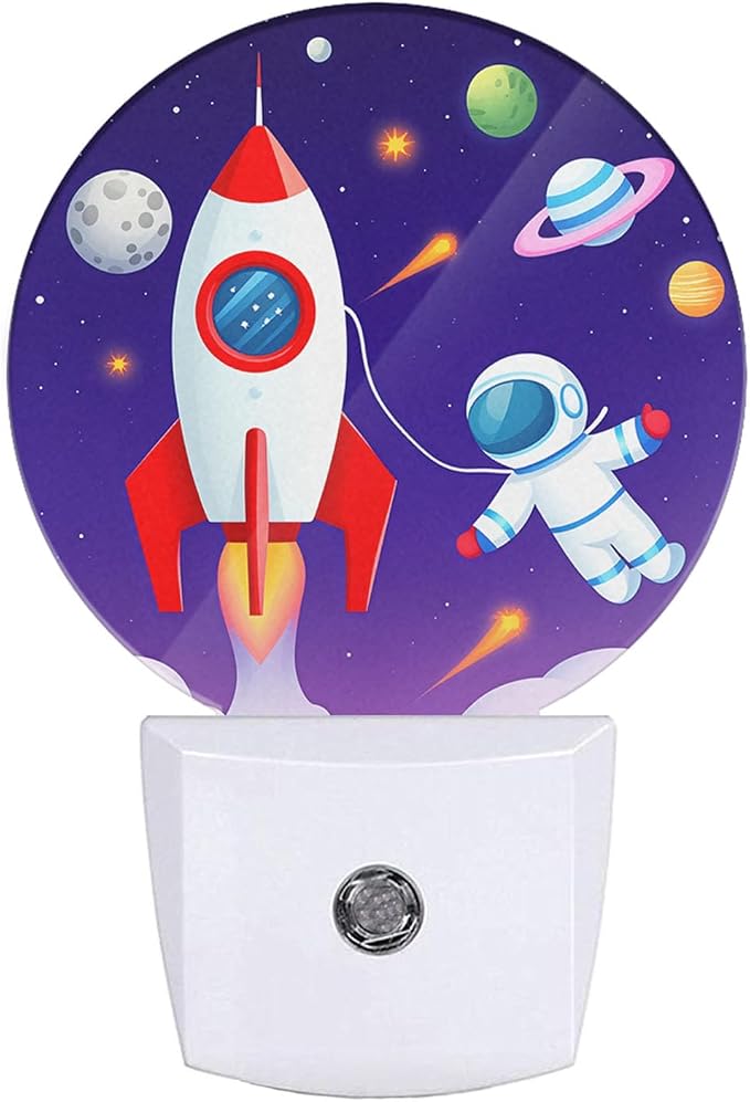 EKOBLA Astronaut Night Light, Space Rocket and Planet Cartoon Night Lights Plug Into Wall with Auto Sensor for Boys Bedroom
