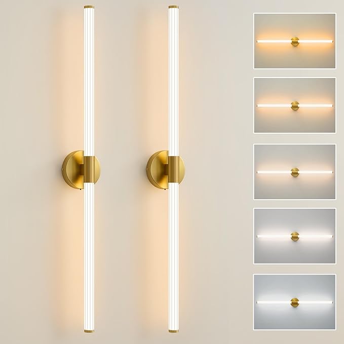 Gold Wall Sconces Set of 2 Hardwired LED Vanity Light 39"