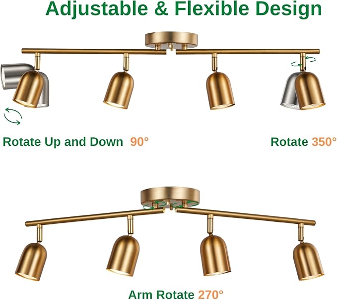 4 Light Track Lighting Kit, Matt Brass Finish Flexibly Ajustable with Modern Flush Mount Ceiling Spotlight for Kitchen,Living Room, Farmhouse Home mprovement