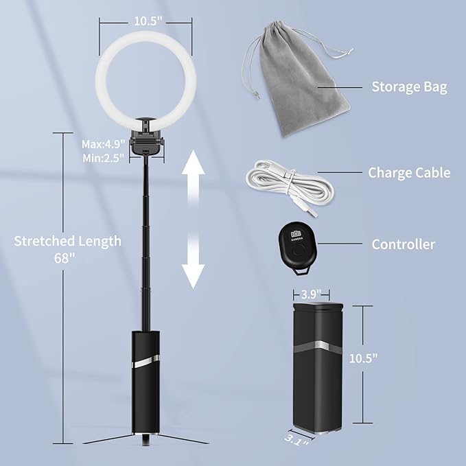 yAyusi Portable Ring Light with Stand, 4000mAh Battery Operated Cordless 10" Foldable Travel Ring Light, 79" Tripod Stand for Video Conference/Selfie/Live Stream/Makeup