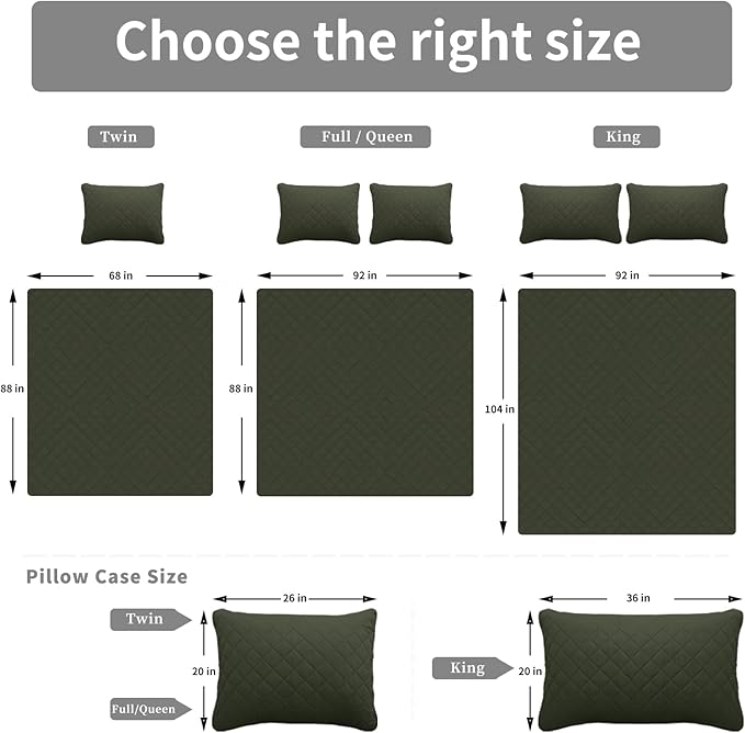 Easy-Going Queen Plus Size Reversible Quilt Set with 1 Quilt and 2 Pillow Shams, Soft Bed Quilt Cover, Water Resistant Lightweight Microfiber Bedspread, Stain Resistant, Army Green/Beige