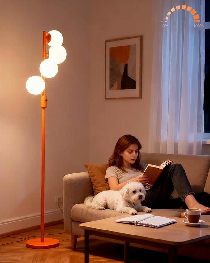 Lightdot 64IN Dimmable Globe Floor Lamp, Modern Orange Standing Lamps with 4PCS Warm White Bulbs Included,Mid Century Floor Lamp with 5Lbs Heavy Base for Living Room/Bedroom/Sofa Beside/Corner Decor